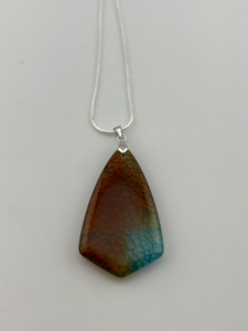 (1) Natural Orange Cyan Fire Agate Shield Pendant .925 Necklace