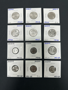 Gem Collection of (5) Different U.S. Roosevelt Dimes and (7) U.S. Washington Commemorative Quarters (Mint and Date in Photos)
