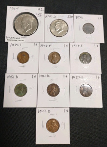 (1) 1976-P Bicentennial Ike Eisenhower Dollar Coin, (1) 2000-D Kennedy Half Dollar Coin, (7) Assorted Lincoln Wheat Pennies 1926 to 1957-D, & (1) 1973-D Lincoln Cent Coin