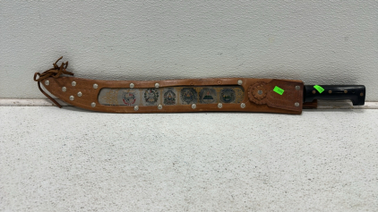 Decorative Machete with Engraved Blade and Leather Sheathe