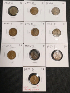 (10) Assorted Lincoln Wheat Pennies from 1929-S to 1959-D