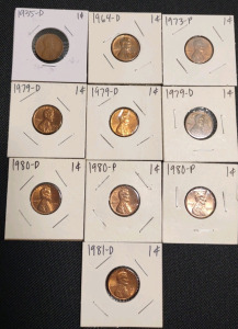 (1) 1935-D Lincoln Wheat Penny, (9) Assorted Lincoln Pennies from 1964-D to 1981-D