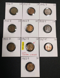 (7) Assorted Lincoln Wheat Pennies from 1936-D to 1955-D, (1) 1961-D Off-Center Strike Lincoln Penny, & (2) Lincoln Cent Pennies from 1967-P & 1982-D