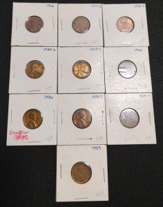 (9) Assorted Lincoln Wheat Pennies from 1912 to 1939 & (1) 1936 Lincoln Wheat Penny That Has Rainbow Toner