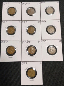 (10) Assorted Lincoln Wheat Pennies from 1934-P to 1939-S