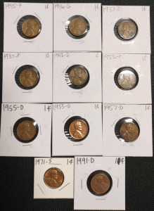 (9) Assorted Lincoln Wheat Pennies from 1935-P to 1957-D & (2) Lincoln Cent Pennies from 1971-S & 1991-D