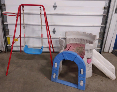 (1) (Red) 38&frac12;"x 40&frac34;"x 51&frac34;" Toddler Standing Swing w/ Basketball Hoop Attachment & (1) Toddlers Toy Plastic Castle w/ Slide