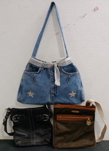(3) Bags - (1) Black Coach Shoulder Bag (1) Brown Michael Kors Crossbody Bag (1) Denim Star Design Tote
