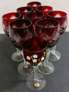 (9) Crystal Goblets - (8) Ruby Red Cut Crystal Goblets (1) Hand-Painted Bohemia Czechoslovakia Goblet