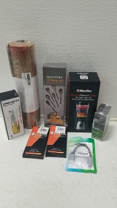 (1)Mueller Single Serve Blender, (1)Black Walnut Wooden Kitchen Utensil Set, (1)Door Mat, (1) Oil Spray Bottle, (2) S24 Plus Screen Protectors (2) Boxes of EveryManJack Daily Face Moisturizer