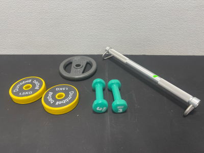 Workout Equipment, (2) Bell 3 pound weights (1) Kettle Plate 10 pounds and more