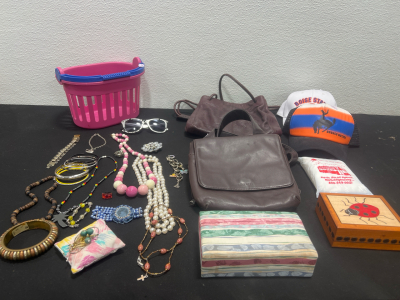 Nine West Brown leather purse, Assorted jewlery, Boise State Hats and more!