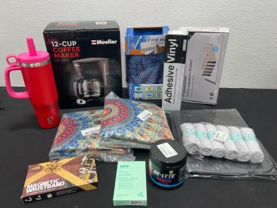 Amazon Overstock, Mueller 12-cup Coffee Maker- DC-550x, Pet Cool Mat, Adhesive Vinyl 12&rdquo;x40ft, Expandable Drawer Organizers And More