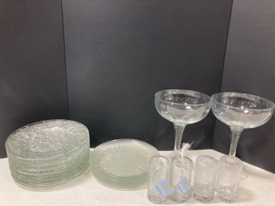 (20) Glass Plates, (2) Large Coupe Glasses, (4) Decorative Oil Candles