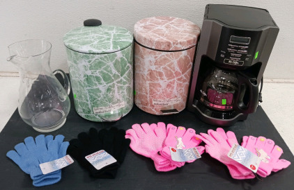 (10) Household Items - (1) Glass Etched Pitcher (2) Marble Waste Cans (1) Mr. Coffee Coffee Maker (6) High Desert Gear Gloves