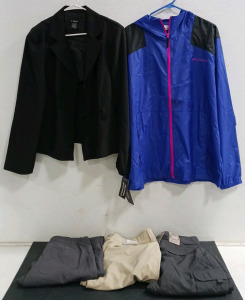 (5) Clothing Items - (1) Pacific Trail Pants 32x32 (1) Hi-Tec Pants 34x32 (1) Michael Sebastian Pants 34 (1) T. Milano 2-Piece Suit Size 16 (1) Columbia Sportswear Jacket L