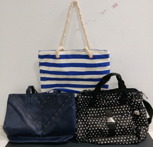 (3) Bags - (1) Bueno Blue Studded Tote (1) Ralph Lauren Polka Dot Bag (1) Striped Canvas Tote