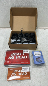 25 pcs. Insect Jig Head Fishing Hooks (Large), 25 pcs. Insect Jig Head (Small), 80 pcs. Rubber Fishing Lure, (6) Universal Gas Can Spouts