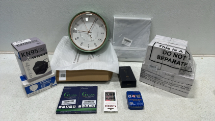(1) Green and Rose Gold Wall Clock, (1) Urban Graffiti Vinyl Studio Backdrop (12&rsquo; x 8&rsquo;), 10 pcs. Employee Appreciation Gift Mug Set, (2) Tempered Glass Screen Protector for iPhone 11, (75) KN95 Face Masks (Black & White), Scalp Solutions Applicator, and M