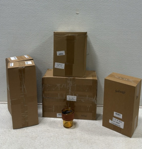 20-Pack Small Glass Bud Vases (Blue-Yellow), Inbagi 48 pc. Black Candlestick Set, Chignon 7.2&rsquo; Round Gold Backdrop, 8 pc. Thank You Gift Mug Set