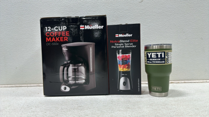 Mueller 12-Cup Coffee Maker, Mueller NutraBlend Elite Single Serve Personal Blender, Yeti Rambler 32oz Tumbler