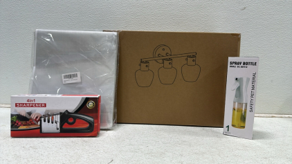 (1) Gruenlich 3-Light Bathroom Vanity Lighting Fixture (Gold), (1) OERJU Office Themed Photo Booth Backdrop (8&rsquo; x 6&rsquo;), (1) Oil Spray Bottle, (1) 4-In-1 Knife Sharpener, Large Box of Assorted Amazon Overtock/Returns