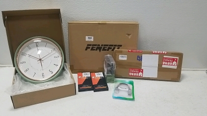 (1) FENEFIT Golf Hitting Mat (1) Desk Monitor Table, (1) 12 inch Kitchen Clock(1) Display Cable Adapter (2) Boxes of EveryManJack Daily Face Moisturizer, (2) S24 Plus Tempered Glass Screen Protector