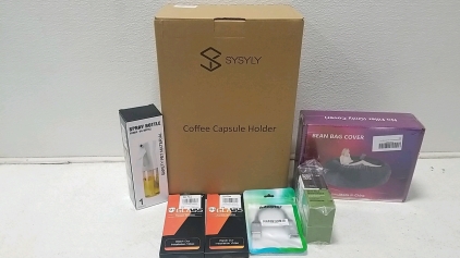(1) Sysyly Coffee Capule Holder, (1) Bean Bag Cover, (1) Oil Spray Bottle, (2) S24 Plus Tempered Glass Screen Protector, (1) EveryManJack Dsily Face Moisturizer, (1) Display Port Adapter