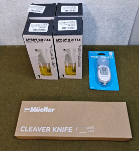 (1) Mueller SS-77 Cleaver Knife, (4) 200ml Edible Oil Spray Bottles & (1) Accurite Digital Window Thermometer