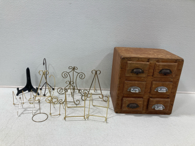 Vintage Wood Card Catalog Storage & (14) Picture Display Stands