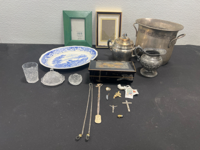 (1) Vintage Jewelry Box- Assorted Vintage Jewelry (2) Picture Frames (3) Silver Pitcher (1) Vintage Platter- Great Condition