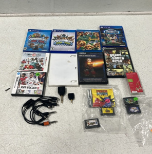 (3) PS4 Skylanders Games (1) PS2 GTA San Andreas Game (1) Speaker Wire Plug (Pair) & More