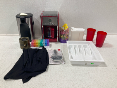 Coffee Maker, Box Wine Dispenser, Pill Organizer, Utensil Organizer, Cups, Pitcher, 9-Pc. Cookie Cutter Set, Black Apron & More