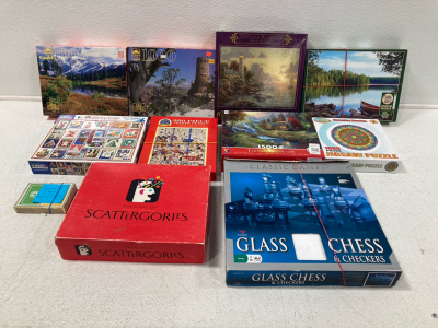 (8) Puzzles, Vintage Bridge Card Game, Scattergories, Glass Chess & Checkers Set