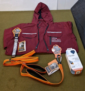 (1) Lightweight Windbreaker, Magenta, 1XL, (1) Mighty Paw Paisley Dog Collar, Large, (1) Mighty Paw 6-Foot, Double Handled Leash & (1) Kradle All Day Calming Bone