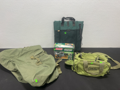 (3) Assorted Outdoor Bags, (1) Coleman Rechargeable QuickPump inflates and deflates