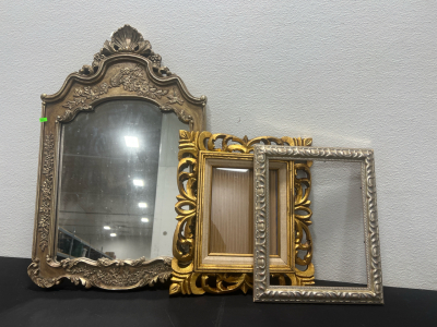 (1) Wood framed Vintage Mirror, (1) Vintage Gold & Silver Wood Frames Great Condition