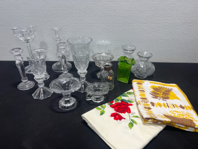 (2) Boxes Full of Glass Vintage Candle Holders, (2) 1953 Table Cloths Great Condition