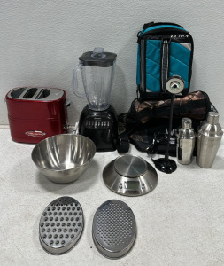 Standing Desk Webcam, Osterizer Standing Blender, Retro Series Hot Dog Toaster, (2) Lunch Bags, (2) Cocktail Shakers, Etekcity Scale, (2) Handheld Cheese Graters, Stainless Steel Bowl