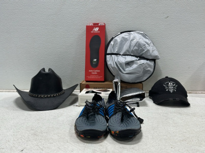 Grey Unisex Water Shoes with Rubber Tread, Size C NewBalance Insoles, Protalus Shoe Insoles, YakTrax Walk Winter Shoe Traction, (2) Car Winshield Sunshades, (1) Black Hard Cowboy Hat, (1) Black Cody James Ball Cap