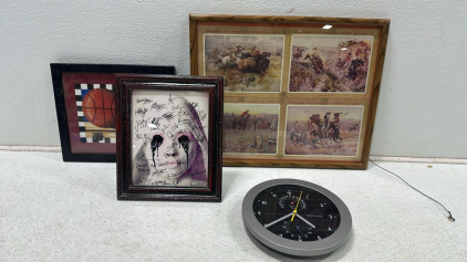 &ldquo;State Hoops&rdquo; by Kathy Middlebrooke Print, Crying Statue with Autographs Artwork, &ldquo;Scenes of the Old West&rdquo; by Charles Russell Print, Greenwich Weather Station Wall Clock