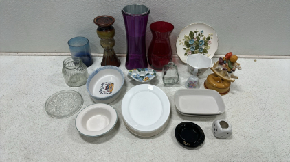 Large Collection of Glass and Porcelain Dishware: Plates, Bowls, Vases, Jars, Candle Holders, and More