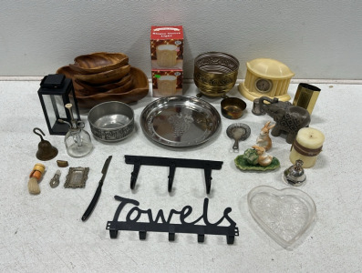 Assortment of Home Decor Items: Wooden Fruit Bowls, Metal Bowls and Dishes, Elephant Candle Holder, Rabbit Salt Shakers, Table Clock, Coat/Towel Racks, and Much More