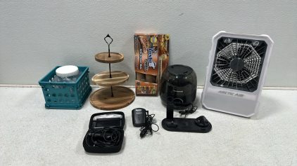 Arctic Air Portable Air Cooler, Honeywell Humidifier, Yoshi Copper Grill and Bake Mats, Garmin N&uuml;vi 1300 GPS System, Cobra 360 Laser 9 Band Radar Detector, Phone/Earbud/Watch Multi-Use Charging Stand, 3-Tier Wooden Fruit Display Stand, Plastic Tub with Cr
