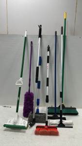 (2) Hose Brush Extensions, (1) Hose Extension Angle Sprayer, (1) Rubber Bristle Brush, (1) Extendable Squeegee, (1) Libman Foam Mop and Brush Combo, (1) Green Push Broom, (1) Large Purple Dusting Pole