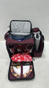Maroon Picnic Tote Kit with (2) Plates, (2) Silverware Sets, (2) Glass Cups, (1) Bottle Opener, (3) Cold Packs, Miniature Cutting Board