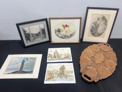 (6) Vintage Art Pieces, (1) Wooden Serving Tray