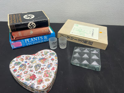 Assorted Books, Heart Shaped Metal Tin, Paper Weight and more!