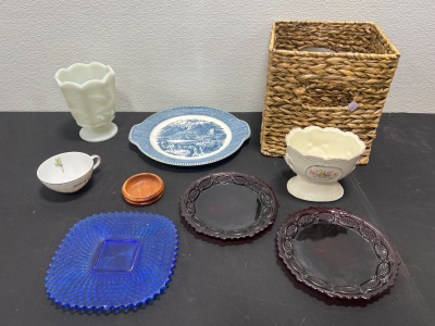Assorted Glass Vintage Dishes- Wooden Basket, Tinkerbell mug and more!