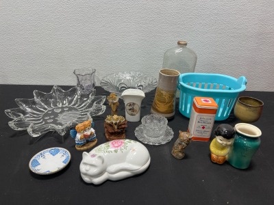 Assorted Glass Dishware, Glass Home Decor, Vintage Johnsons Baby Powder Tin- and more!